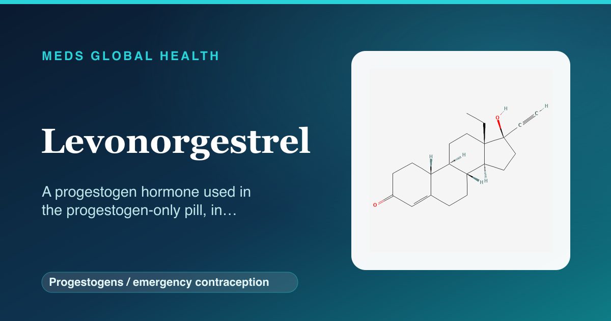 Levonorgestrel (Progestogens / emergency contraception) — Meds Global Health reference card with 2D molecular structure