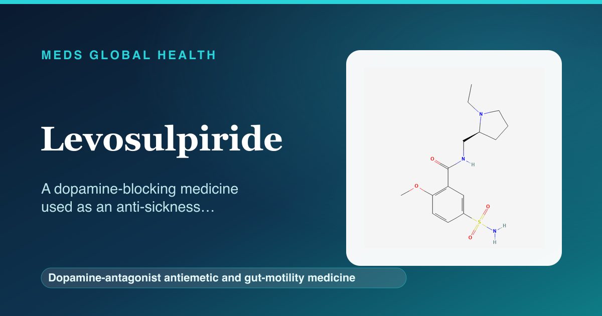 Levosulpiride (Dopamine-antagonist antiemetic and gut-motility medicine) — Meds Global Health reference card with 2D molecular structure