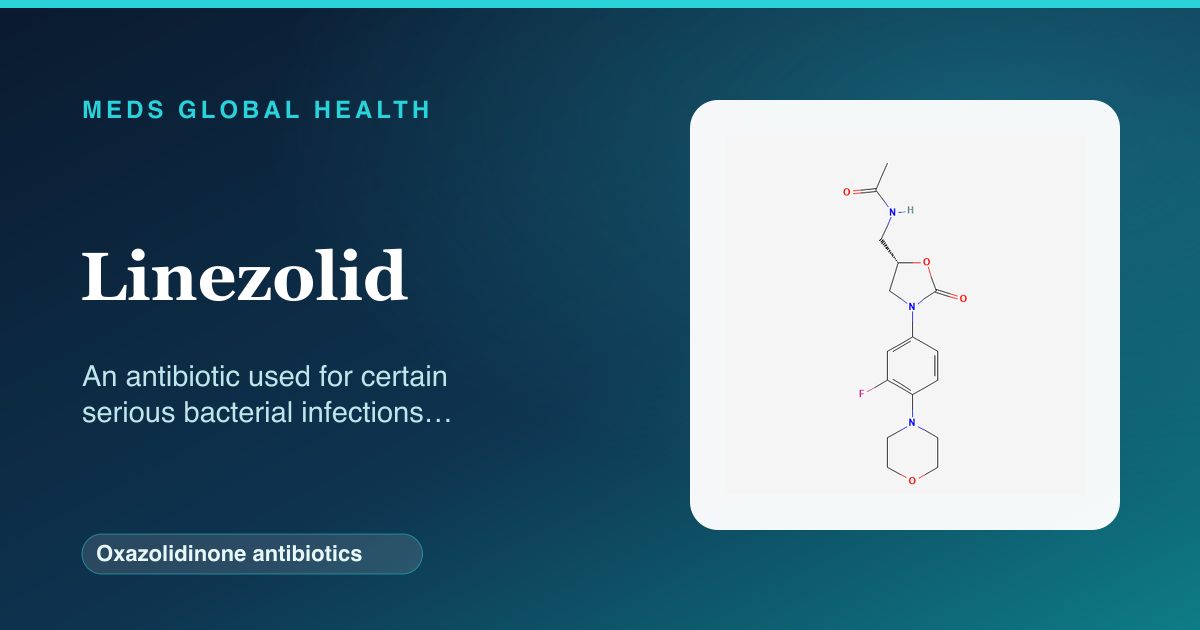 Linezolid (Oxazolidinone antibiotics) — Meds Global Health reference card with 2D molecular structure