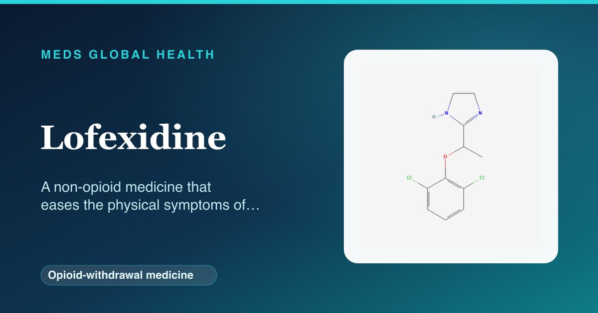 Lofexidine (Opioid-withdrawal medicine) — Meds Global Health reference card with 2D molecular structure