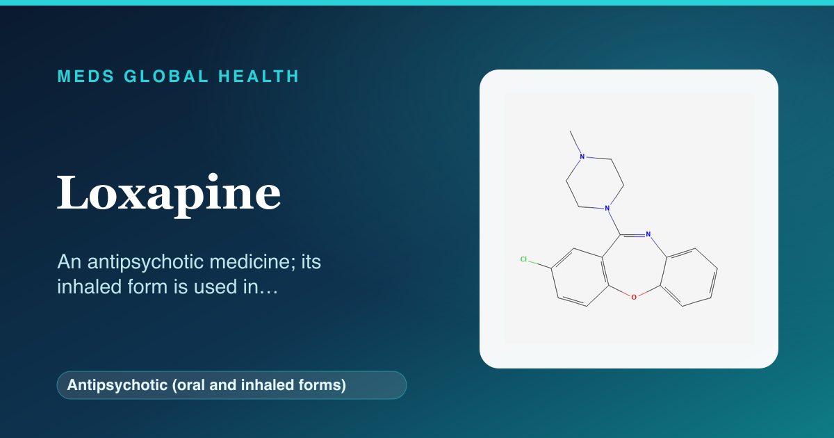 Loxapine (Antipsychotic (oral and inhaled forms)) — Meds Global Health reference card with 2D molecular structure