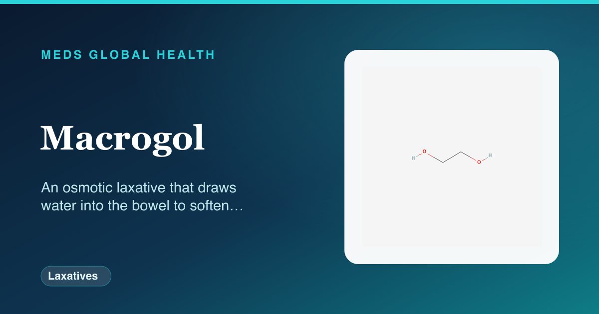 Macrogol (Laxatives) — Meds Global Health reference card with 2D molecular structure