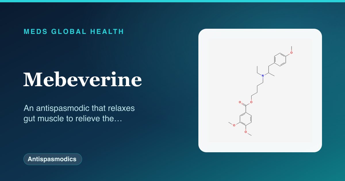 Mebeverine (Antispasmodics) — Meds Global Health reference card with 2D molecular structure