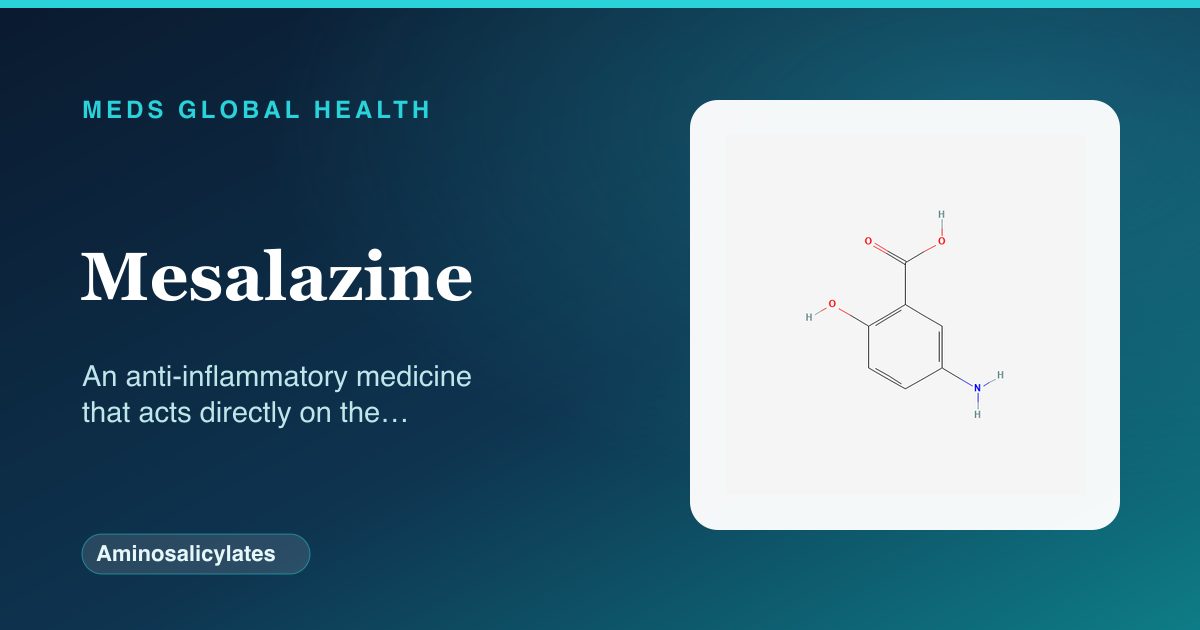 Mesalazine (Aminosalicylates) — Meds Global Health reference card with 2D molecular structure