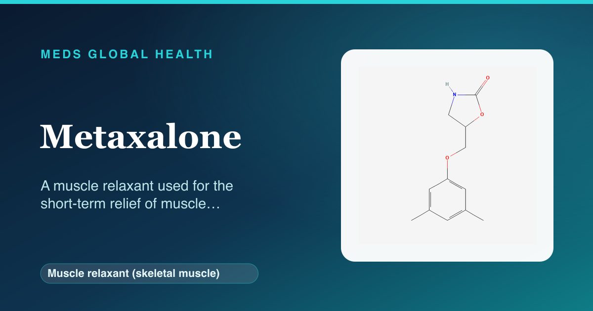 Metaxalone (Muscle relaxant (skeletal muscle)) — Meds Global Health reference card with 2D molecular structure