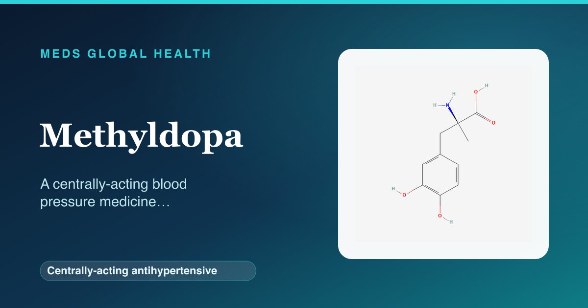 Methyldopa (Centrally-acting antihypertensive) — Meds Global Health reference card with 2D molecular structure