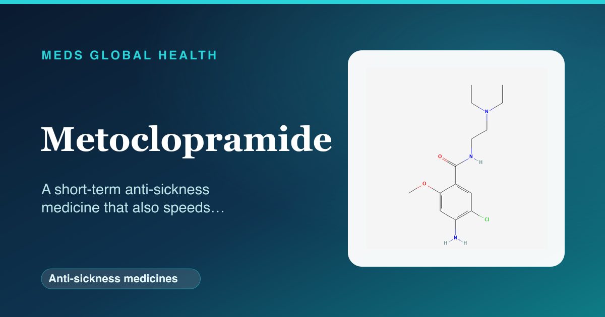 Metoclopramide (Anti-sickness medicines) — Meds Global Health reference card with 2D molecular structure