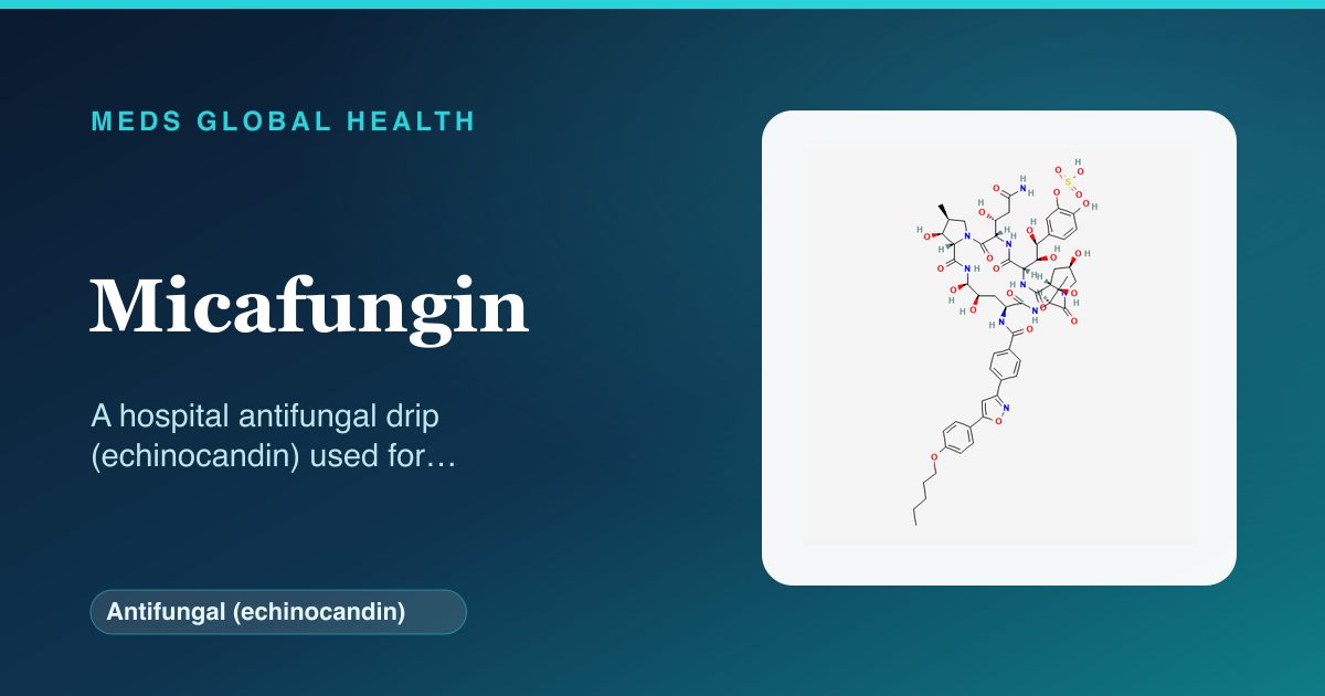 Micafungin (Antifungal (echinocandin)) — Meds Global Health reference card with 2D molecular structure