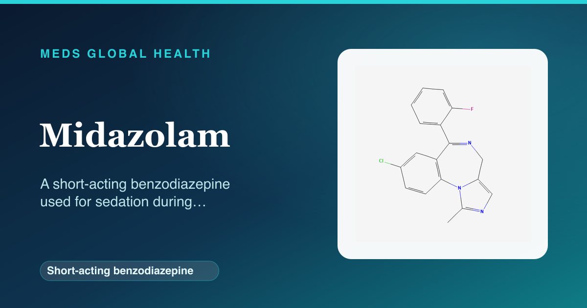 Midazolam (Short-acting benzodiazepine) — Meds Global Health reference card with 2D molecular structure