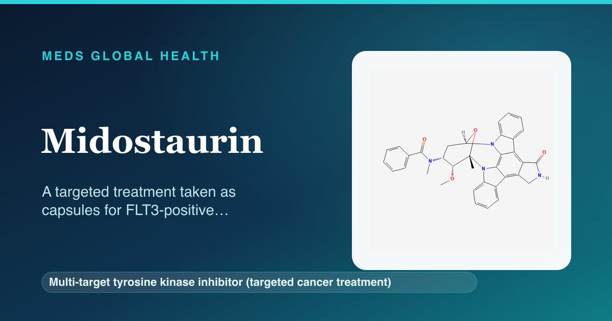 Midostaurin (Multi-target tyrosine kinase inhibitor (targeted cancer treatment)) — Meds Global Health reference card with 2D molecular structure