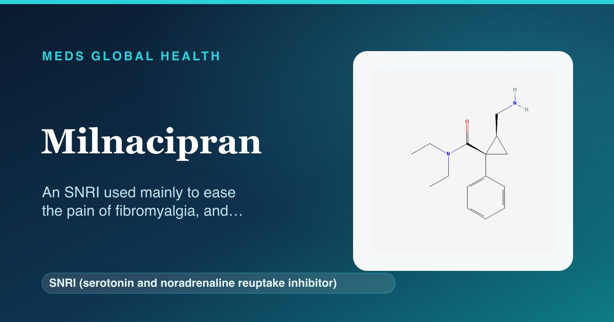 Milnacipran (SNRI (serotonin and noradrenaline reuptake inhibitor)) — Meds Global Health reference card with 2D molecular structure