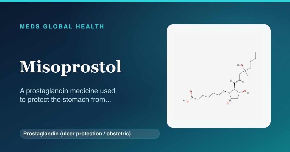 Misoprostol (Prostaglandin (ulcer protection / obstetric)) — Meds Global Health reference card with 2D molecular structure