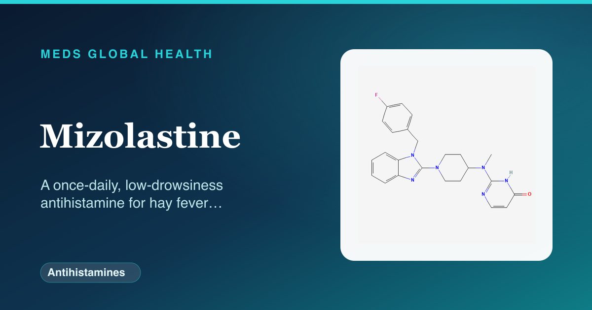 Mizolastine (Antihistamines) — Meds Global Health reference card with 2D molecular structure