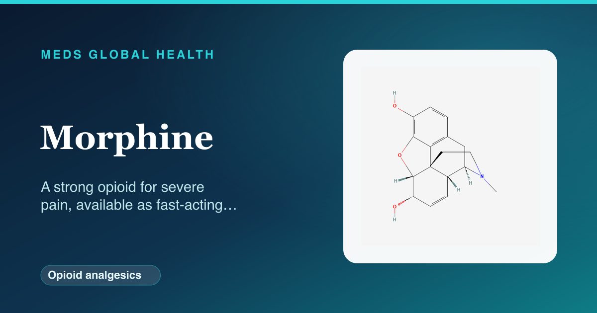 Morphine (Opioid analgesics) — Meds Global Health reference card with 2D molecular structure