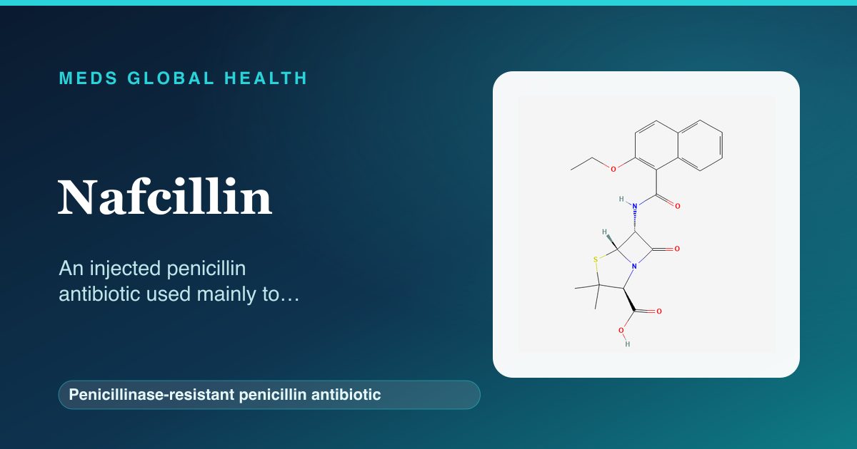 Nafcillin (Penicillinase-resistant penicillin antibiotic) — Meds Global Health reference card with 2D molecular structure