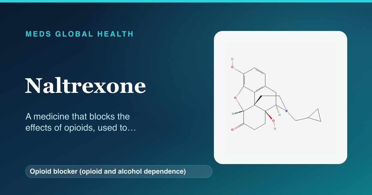 Naltrexone (Opioid blocker (opioid and alcohol dependence)) — Meds Global Health reference card with 2D molecular structure