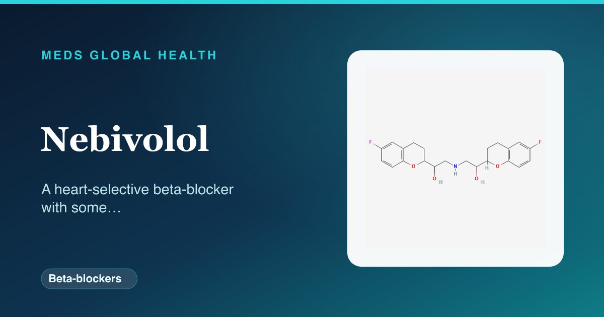 Nebivolol (Beta-blockers) — Meds Global Health reference card with 2D molecular structure