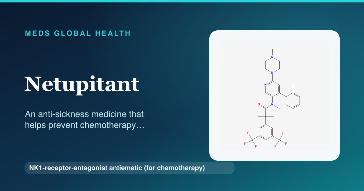 Netupitant (NK1-receptor-antagonist antiemetic (for chemotherapy)) — Meds Global Health reference card with 2D molecular structure