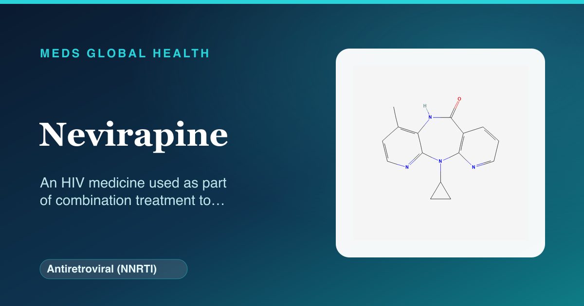 Nevirapine (Antiretroviral (NNRTI)) — Meds Global Health reference card with 2D molecular structure
