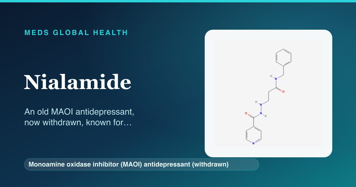 Nialamide (Monoamine oxidase inhibitor (MAOI) antidepressant (withdrawn)) — Meds Global Health reference card with 2D molecular structure