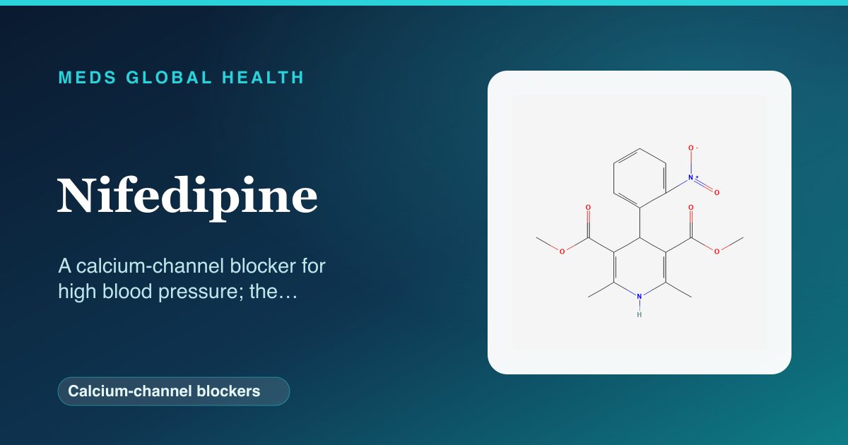 Nifedipine (Calcium-channel blockers) — Meds Global Health reference card with 2D molecular structure