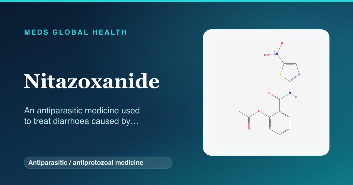 Nitazoxanide (Antiparasitic / antiprotozoal medicine) — Meds Global Health reference card with 2D molecular structure