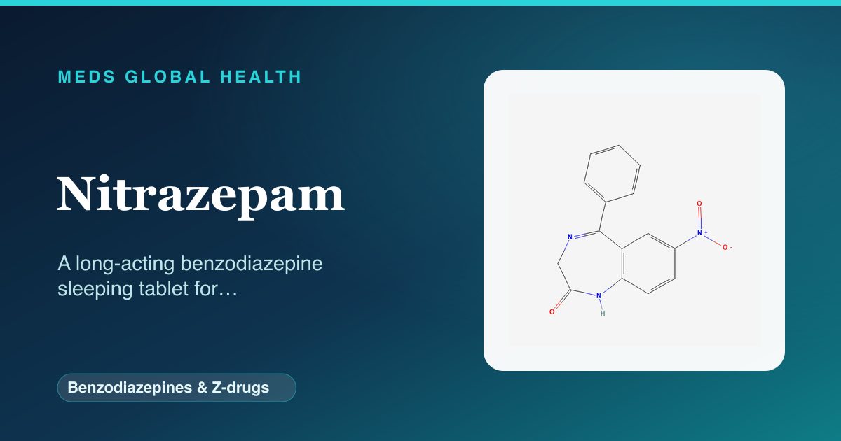 Nitrazepam (Benzodiazepines & Z-drugs) — Meds Global Health reference card with 2D molecular structure