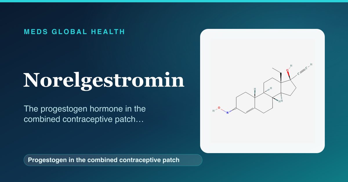 Norelgestromin (Progestogen in the combined contraceptive patch) — Meds Global Health reference card with 2D molecular structure