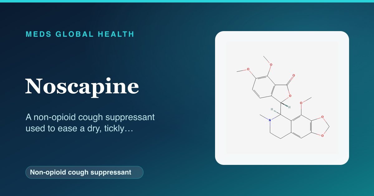Noscapine (Non-opioid cough suppressant) — Meds Global Health reference card with 2D molecular structure