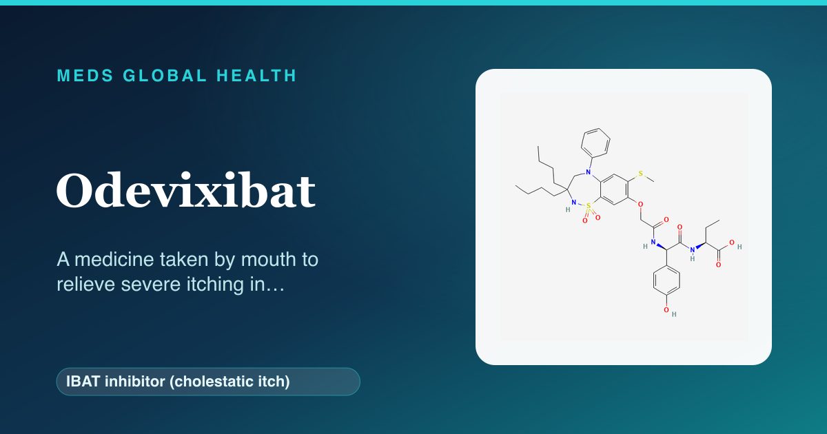 Odevixibat (IBAT inhibitor (cholestatic itch)) — Meds Global Health reference card with 2D molecular structure