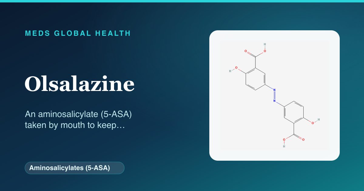 Olsalazine (Aminosalicylates (5-ASA)) — Meds Global Health reference card with 2D molecular structure