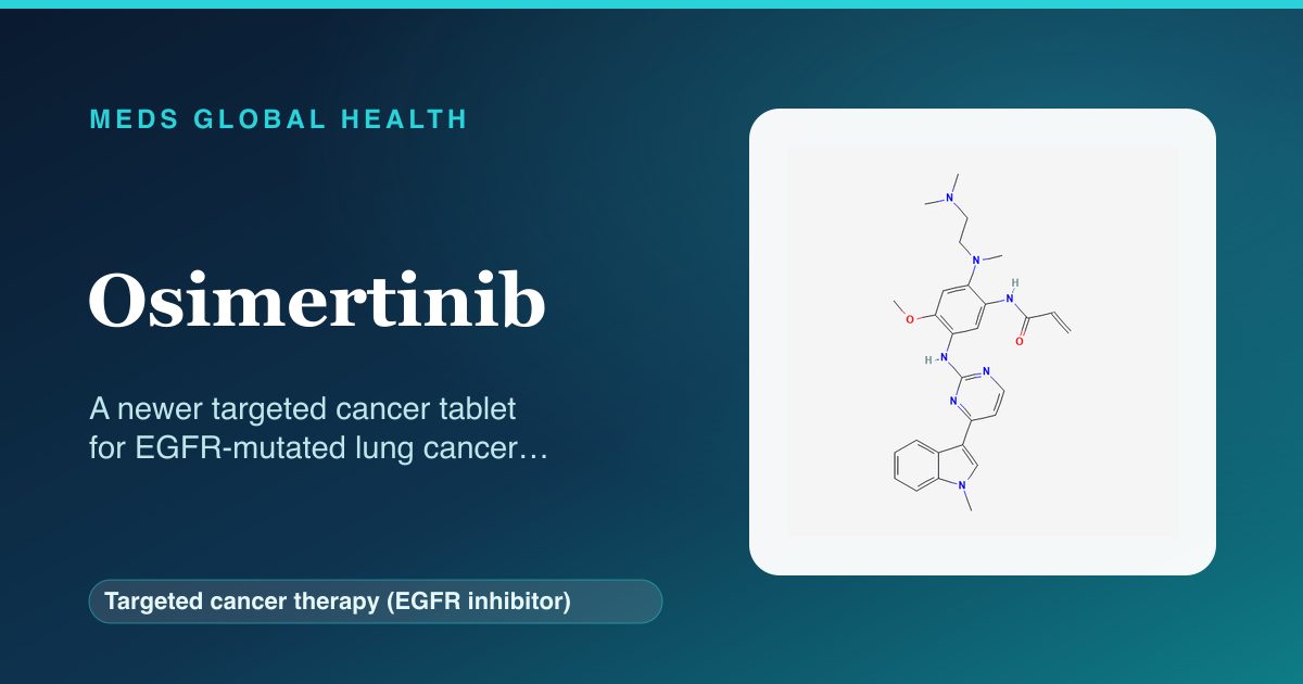 Osimertinib (Targeted cancer therapy (EGFR inhibitor)) — Meds Global Health reference card with 2D molecular structure