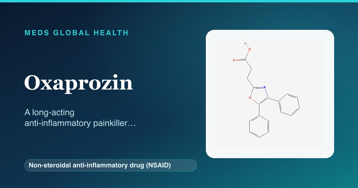 Oxaprozin (Non-steroidal anti-inflammatory drug (NSAID)) — Meds Global Health reference card with 2D molecular structure