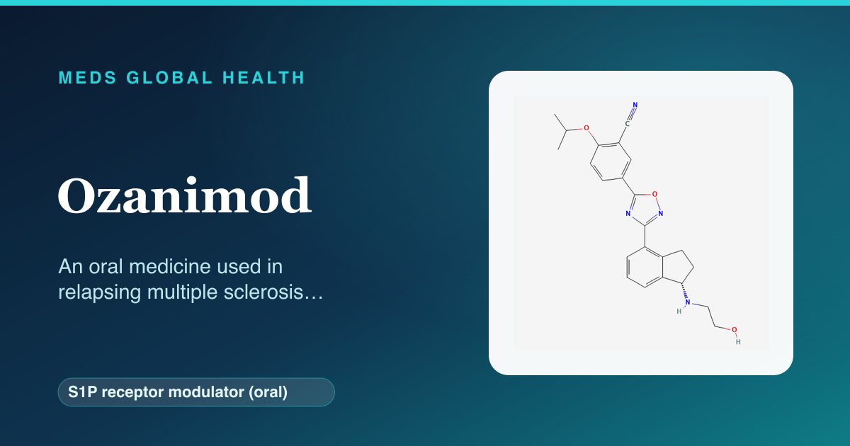 Ozanimod (S1P receptor modulator (oral)) — Meds Global Health reference card with 2D molecular structure