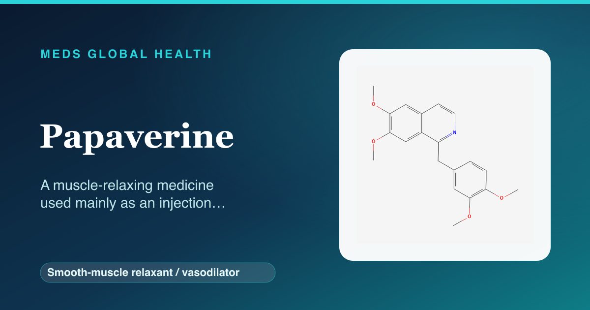 Papaverine (Smooth-muscle relaxant / vasodilator) — Meds Global Health reference card with 2D molecular structure