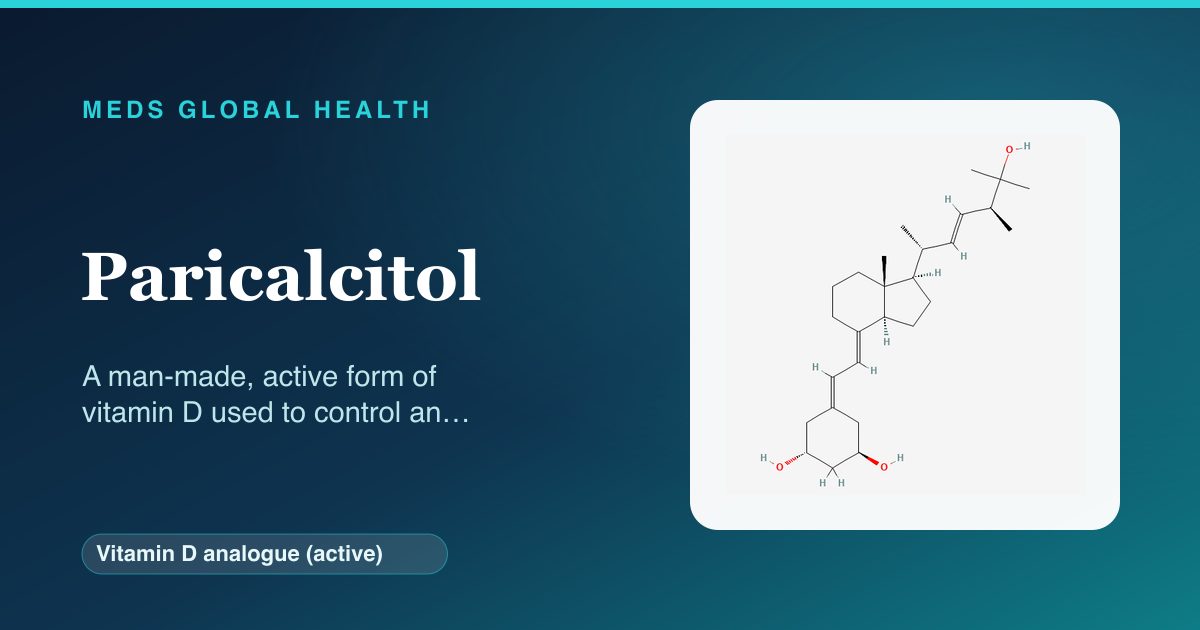 Paricalcitol (Vitamin D analogue (active)) — Meds Global Health reference card with 2D molecular structure