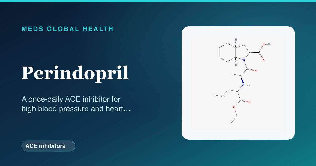 Perindopril (ACE inhibitors) — Meds Global Health reference card with 2D molecular structure
