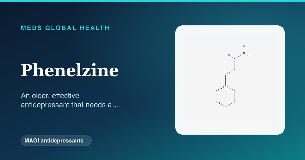 Phenelzine (MAOI antidepressants) — Meds Global Health reference card with 2D molecular structure