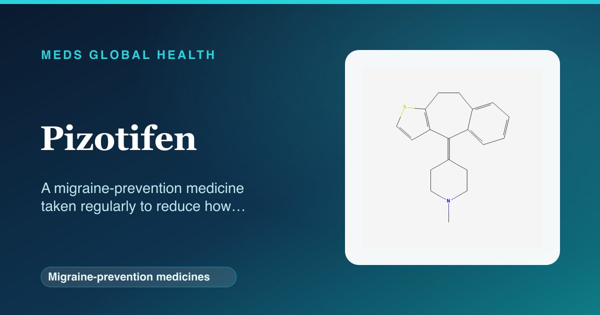 Pizotifen (Migraine-prevention medicines) — Meds Global Health reference card with 2D molecular structure