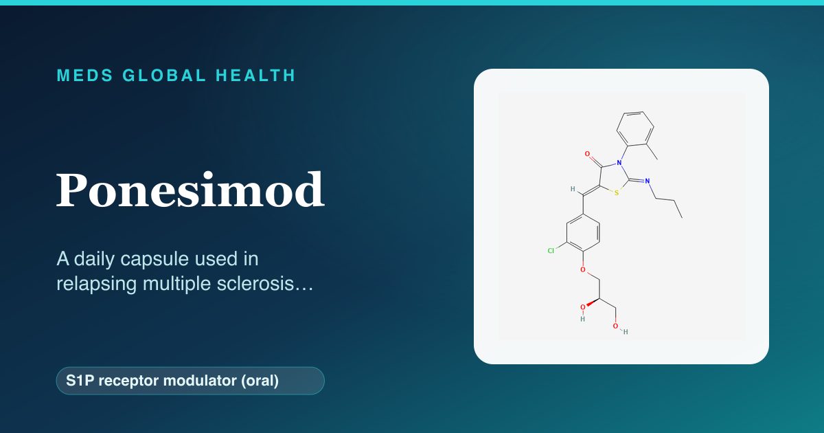 Ponesimod (S1P receptor modulator (oral)) — Meds Global Health reference card with 2D molecular structure