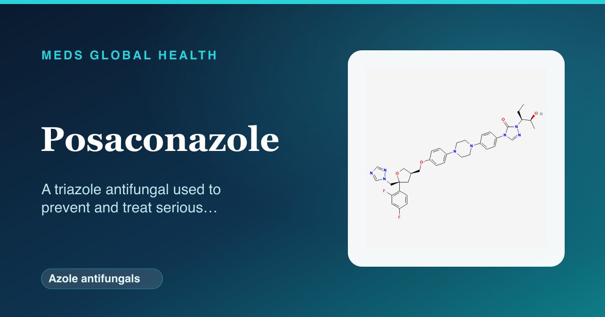 Posaconazole (Azole antifungals) — Meds Global Health reference card with 2D molecular structure