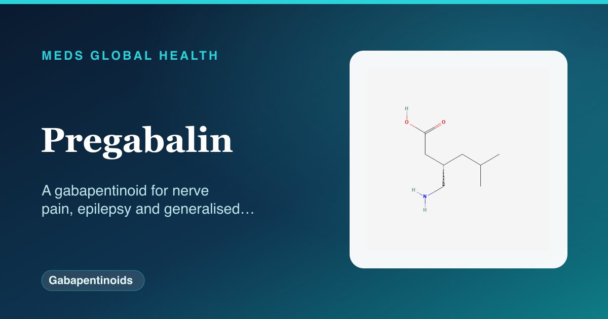 Pregabalin (Gabapentinoids) — Meds Global Health reference card with 2D molecular structure