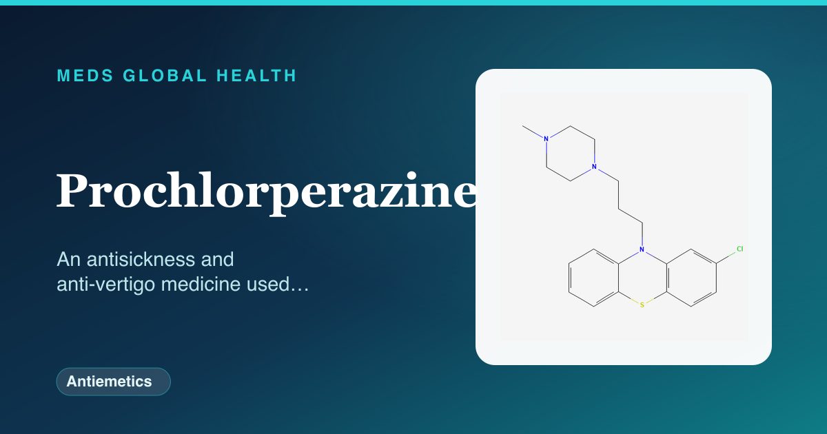 Prochlorperazine (Antiemetics) — Meds Global Health reference card with 2D molecular structure