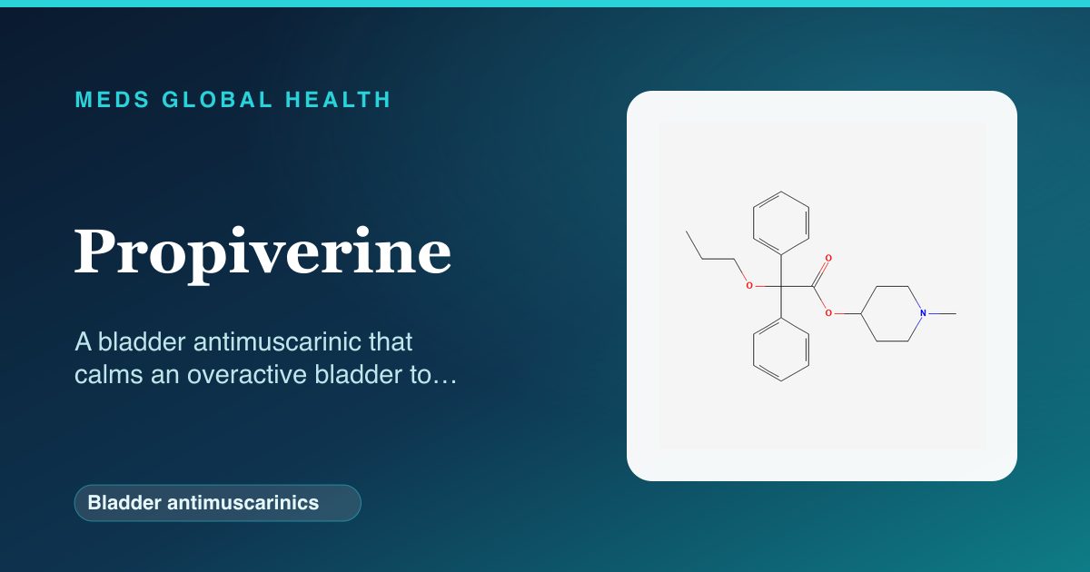Propiverine (Bladder antimuscarinics) — Meds Global Health reference card with 2D molecular structure