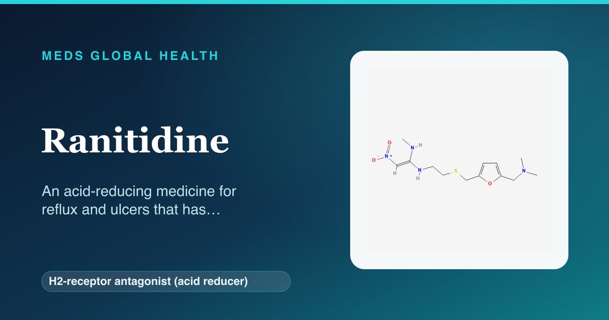 Ranitidine (H2-receptor antagonist (acid reducer)) — Meds Global Health reference card with 2D molecular structure