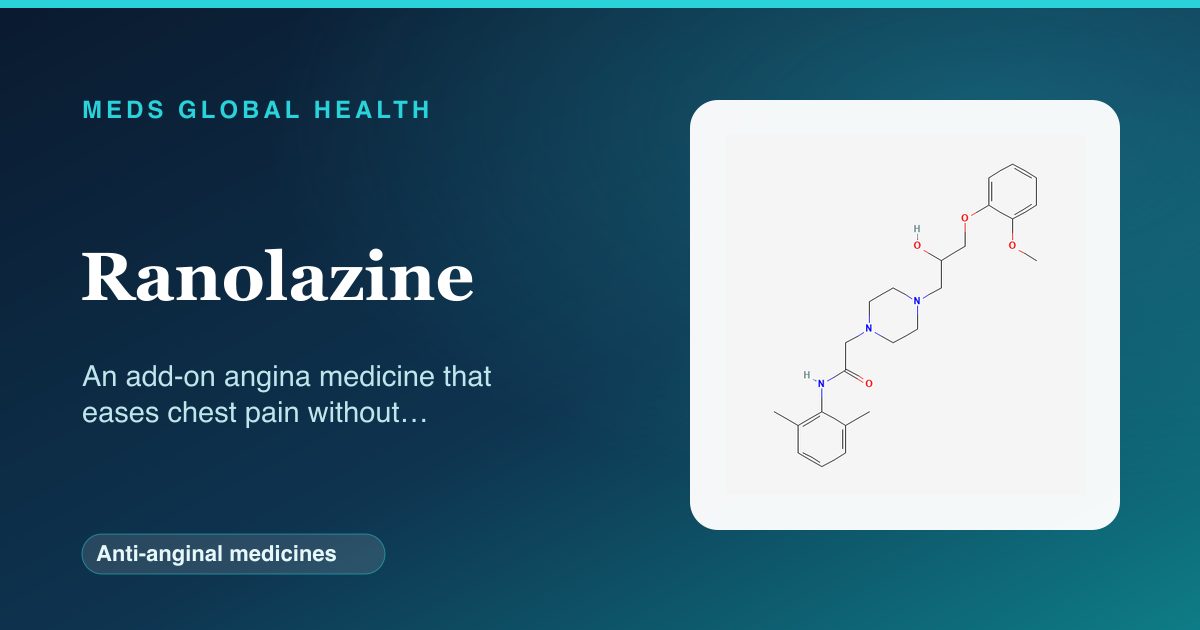 Ranolazine (Anti-anginal medicines) — Meds Global Health reference card with 2D molecular structure
