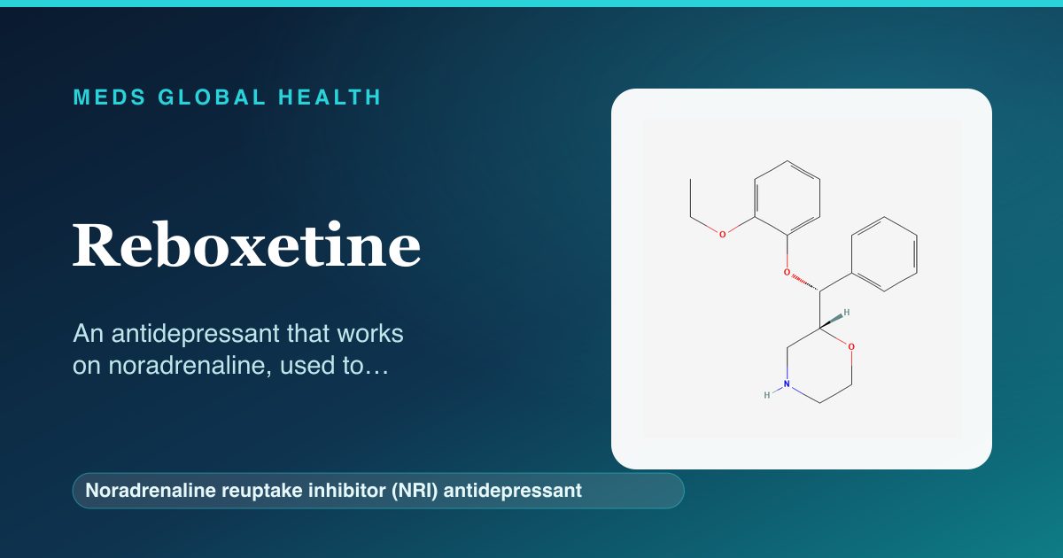 Reboxetine (Noradrenaline reuptake inhibitor (NRI) antidepressant) — Meds Global Health reference card with 2D molecular structure
