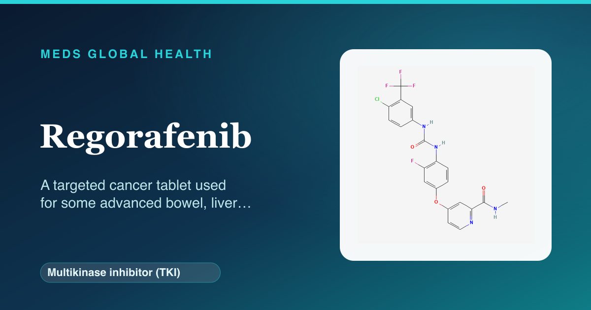 Regorafenib (Multikinase inhibitor (TKI)) — Meds Global Health reference card with 2D molecular structure