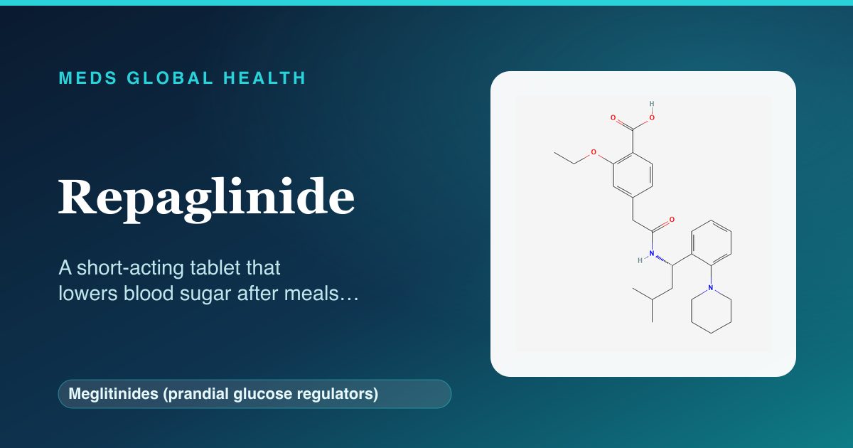 Repaglinide (Meglitinides (prandial glucose regulators)) — Meds Global Health reference card with 2D molecular structure