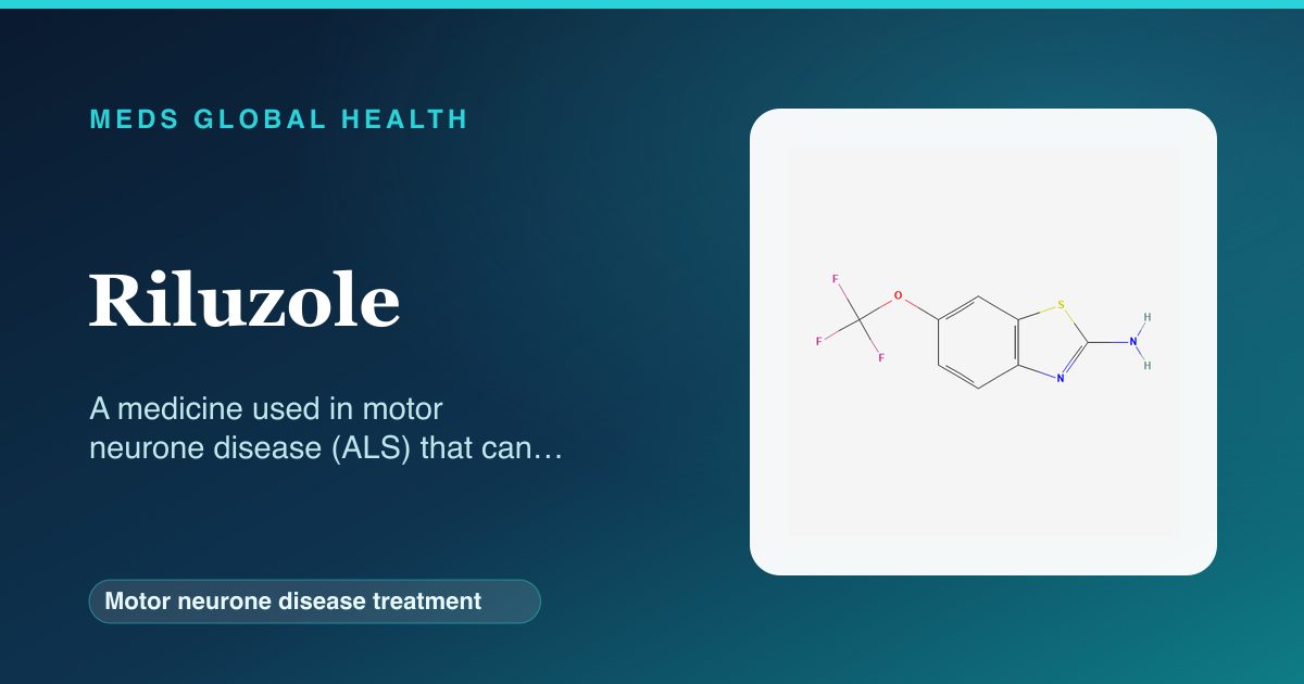 Riluzole (Motor neurone disease treatment) — Meds Global Health reference card with 2D molecular structure
